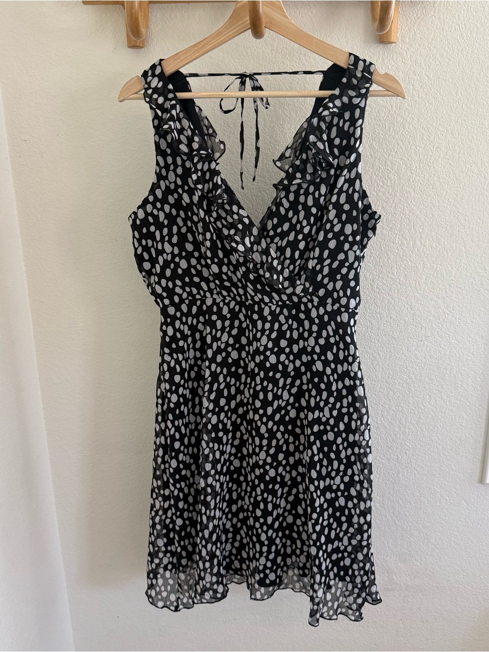 90s romantic feminine white black polka dot dress ruffles tie back detail dress